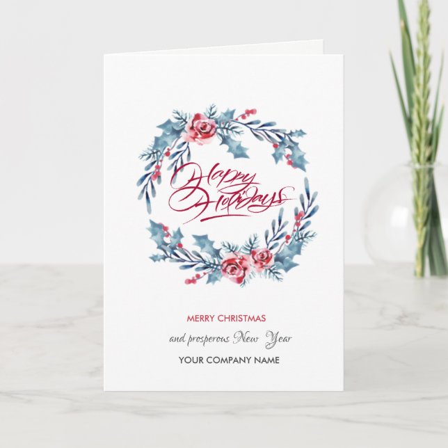Blue Wreath Merry Christmas Corporate Holiday Card (Front)