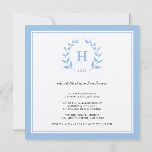 Blue wreath monogram graduation class invitation (Front)