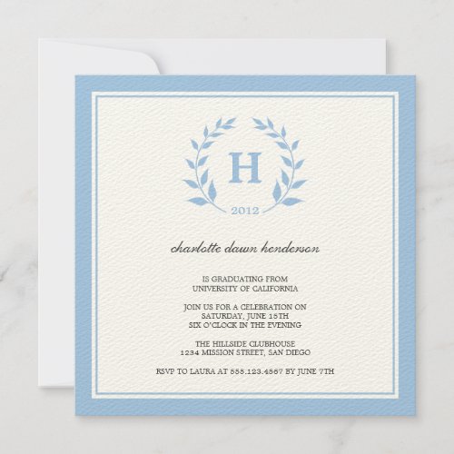 Blue wreath monogram graduation class invitation