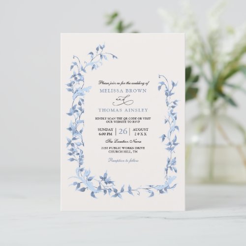 Blue Wreath Rustic Elegant Budget Qr Code Wedding Invitation