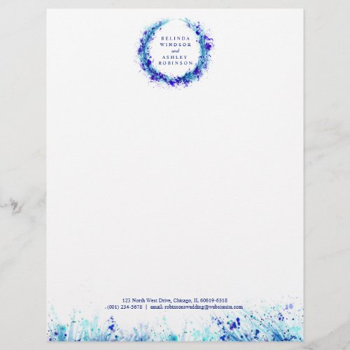 Blue wreath splash modern watercolor letterhead