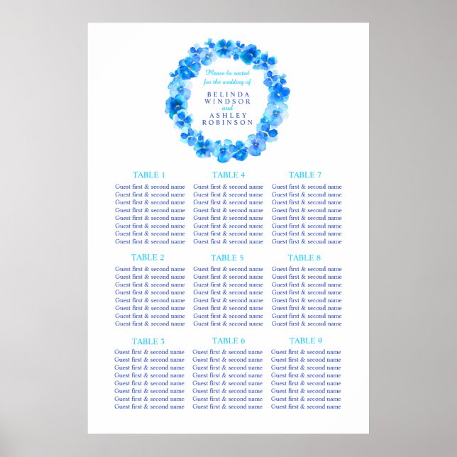 Blue wreath watercolor wedding seating table plan poster (Front)