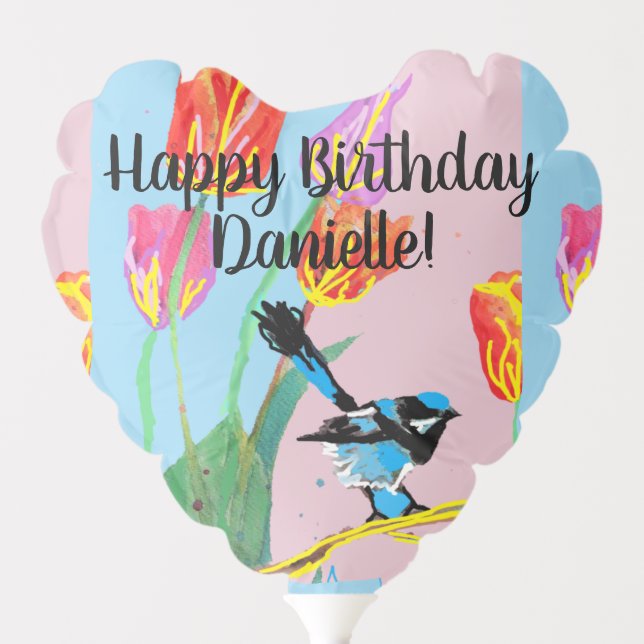 Blue Wren Australian Bird floral Birthday Name Balloon (Front)