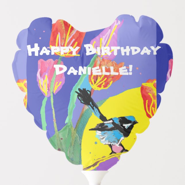 Blue Wren Australian Bird floral Birthday Name Balloon (Front)