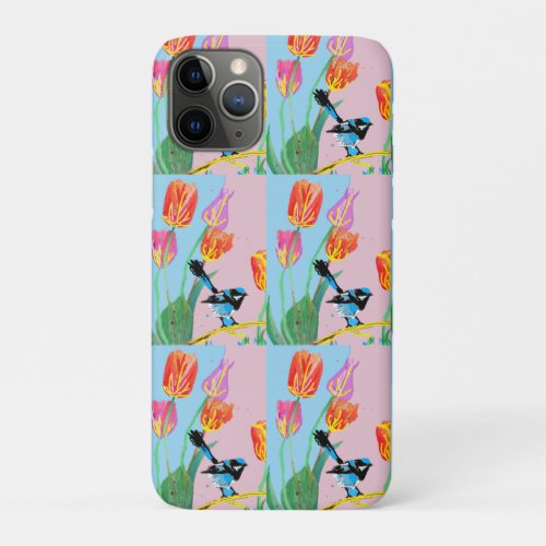 Blue Wren Bird Pink and Blue flowers  iPhone 11 Pro Case