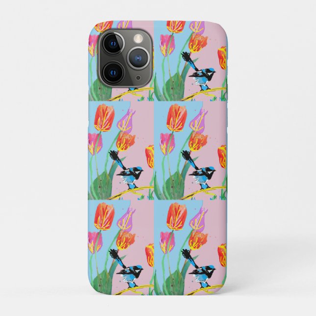 Blue Wren Bird Pink and Blue flowers  Case-Mate iPhone Case (Back)