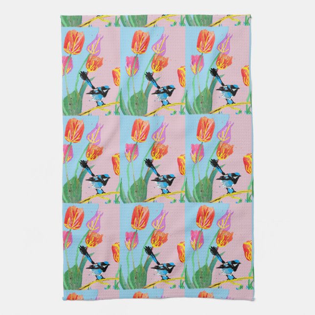 Blue Wren Bird Pink and Blue flowers  Kitchen Towel (Vertical)