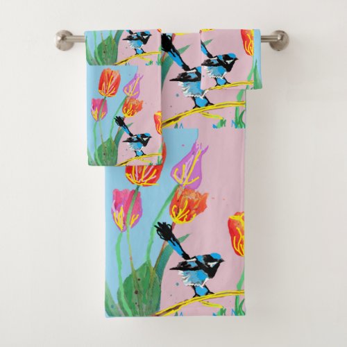 Blue Wren Bird Pink and Blue flowers Towel Set