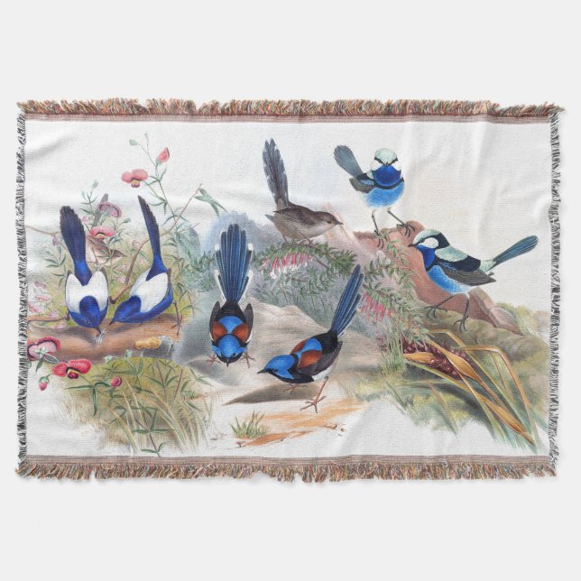 Blue Wren Birds Wildlife Flowers Australia Throw Throw Blanket (Front)