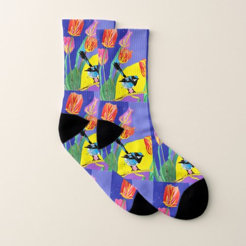 Blue Wren Colorful Bright Pattern Bird Floral Socks