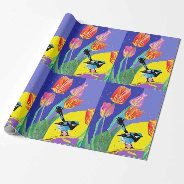 Blue Wren Tulips art flowers Watercolor Wrapping Paper (Unrolled)