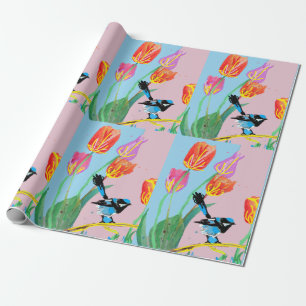Blue Wren Tulips art flowers Watercolor Wrapping Wrapping Paper