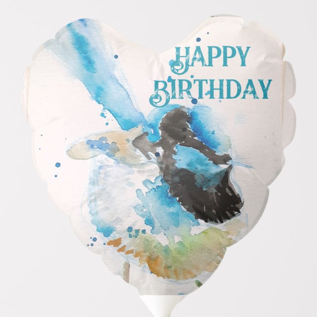 Blue Wren Watercolor Happy Birthday Wrens Aqua Balloon (Front)