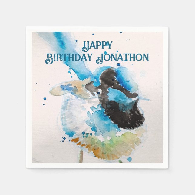 Blue Wren Watercolor Happy Birthday Wrens Aqua Napkins (Front)