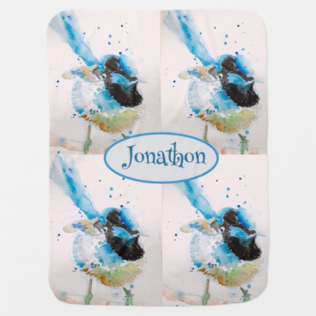 Blue Wren Watercolour Australian Bird Baby Blanket (Front)