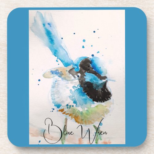 Blue Wren Watercolour Painting Australian Birds Beverage Coaster