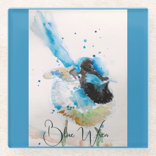 Blue Wren Watercolour Painting Australian Birds Glass Coaster