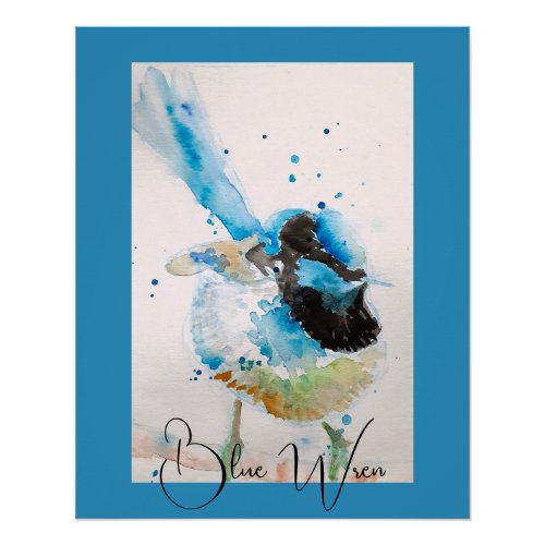 Blue Wren Watercolour Painting Australian Birds Poster