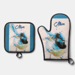 Blue Wren Wrens Watercolour Teal Blue Australian Oven Mitt &amp; Pot Holder Set