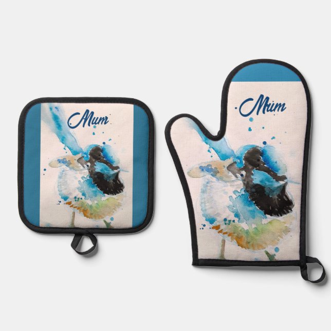 Blue Wren Wrens Watercolour Teal Blue Australian Oven Mitt & Pot Holder Set (Front)