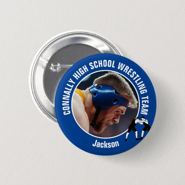 Blue Wrestling Team Photo High School Wrestler Button (Front & Back)