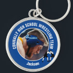 Blue Wrestling Team Photo High School Wrestler Keychain<br><div class="desc">This cool customized high school wrestler photo gift features white typography of your wrestling team on a blue button. Personalize with your athlete's photograph and class year for a commemorative keepsake.</div>