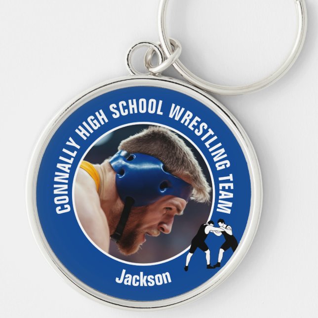 Blue Wrestling Team Photo High School Wrestler Keychain (Front)