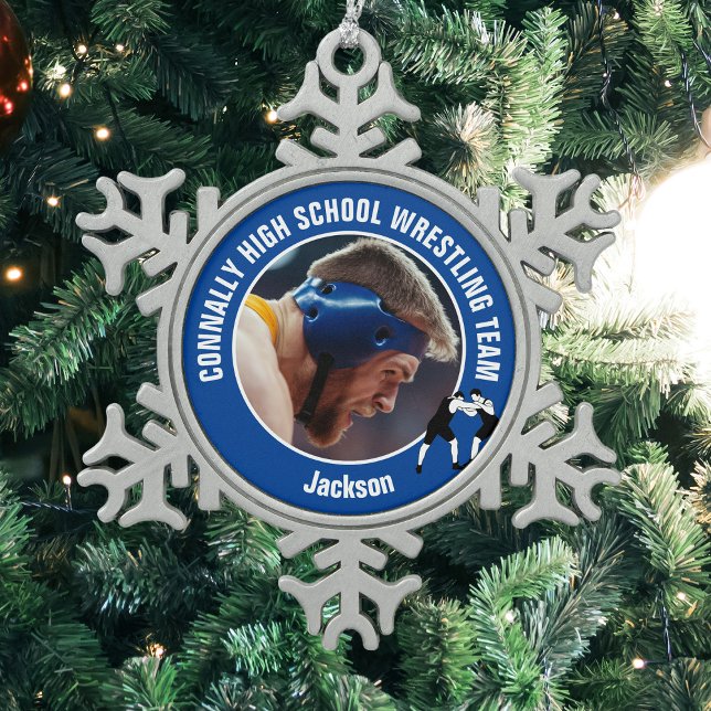 Blue Wrestling Team Photo High School Wrestler Snowflake Pewter Christmas Ornament (Creator Uploaded)