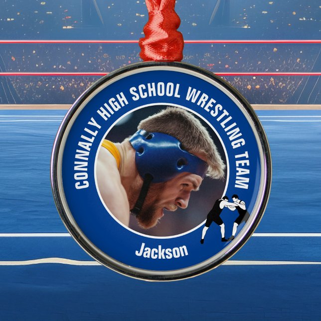 Blue Wrestling Team Photo Wrestler Christmas Metal Ornament (Creator Uploaded)
