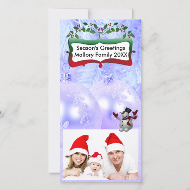 Blue Xmas Balls, Snowman, Trees, Holly Holiday Card (Front)