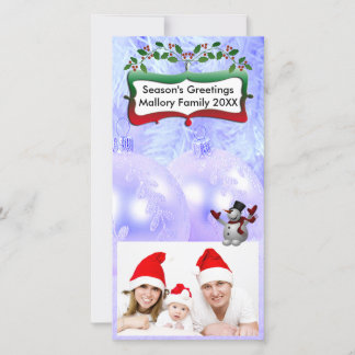 Blue Xmas Balls, Snowman, Trees, Holly Holiday Card