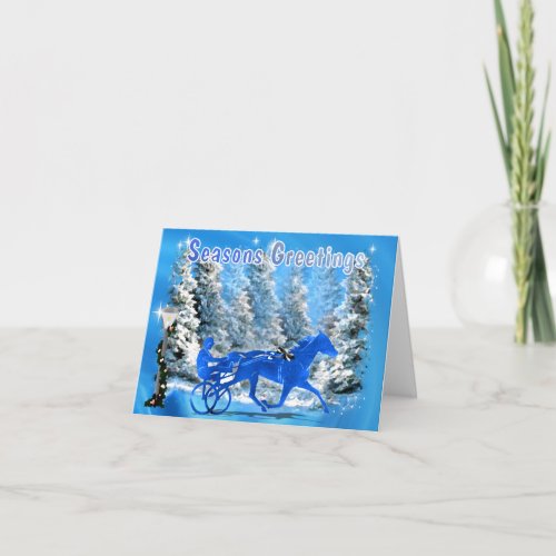 Blue Xmas Harness Horse Holiday Card