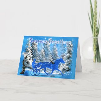 Blue Xmas Harness Horse Holiday Card