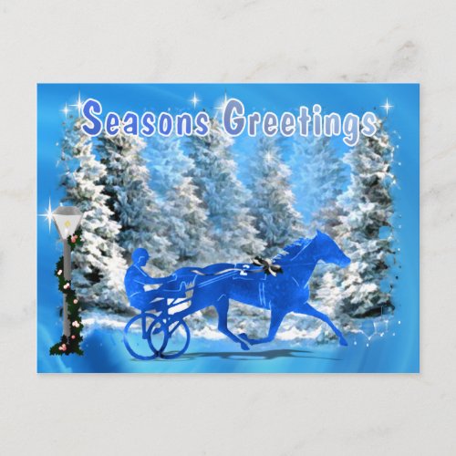 Blue Xmas Harness Horse Holiday Postcard