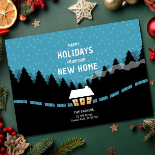 Blue Xmas Moving Announcement with little cabin