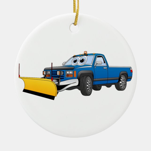 Blue Y Pick Up Snow Plow Cartoon Ceramic Ornament (Front)