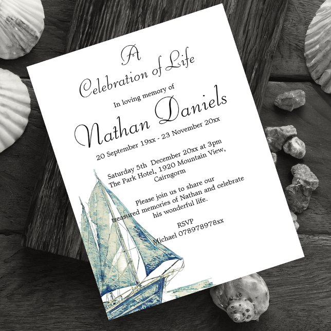 Blue Yacht Celebration of Life Card (Nautical themed celebration of life cards.)
