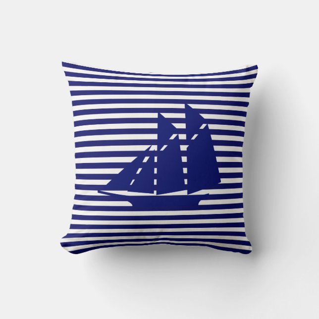 Blue Yacht on Blue White Striped Throw Pillow (Front)