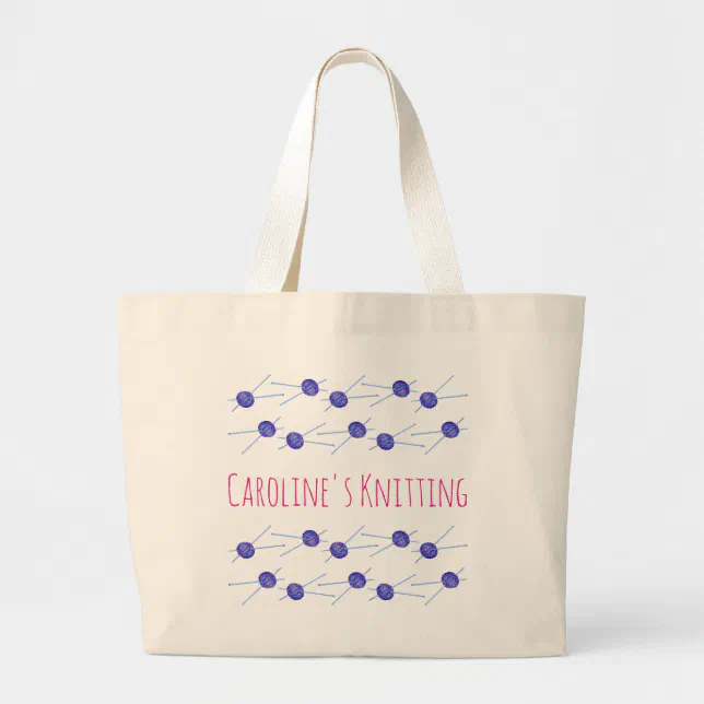 Blue yarn and knitting needles, with your name large tote bag Zazzle