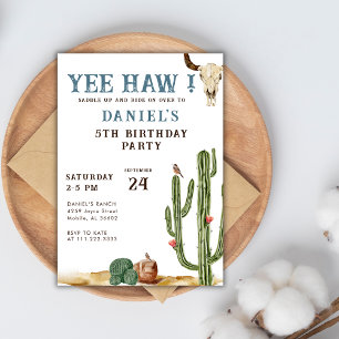 Blue Yee Haw Western Rodeo Cowboy Birthday  Invitation