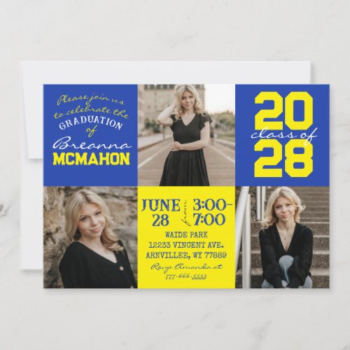 Blue  Yellow 3 Photo Graduation Invitation