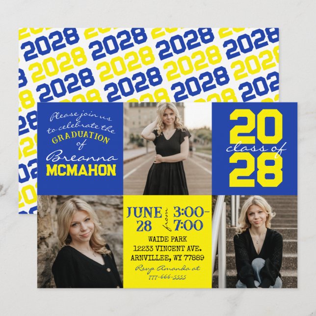 Blue & Yellow 3 Photo Graduation Invitation (Front/Back)