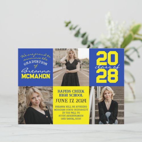 Blue  Yellow 4 Photo Graduation Announcement 