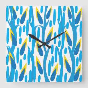 Blue Yellow Abstract Leaves Vintage Nature Square Wall Clock