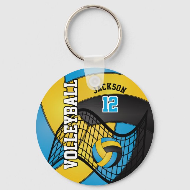 Blue, Yellow and Black Volleyball Design Keychain (Front)