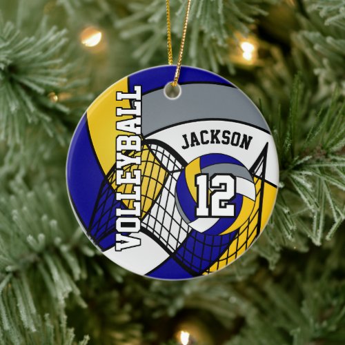Blue Yellow and Gray Personalize Volleyball  Ceramic Ornament