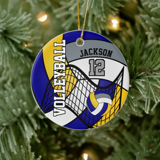 Blue, Yellow and Gray Personalize Volleyball 🏐 Ceramic Ornament (Tree)