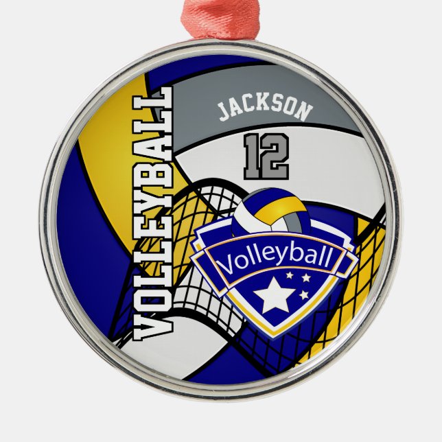 *Blue, Yellow and Gray Personalize Volleyball Logo Metal Ornament (Front)