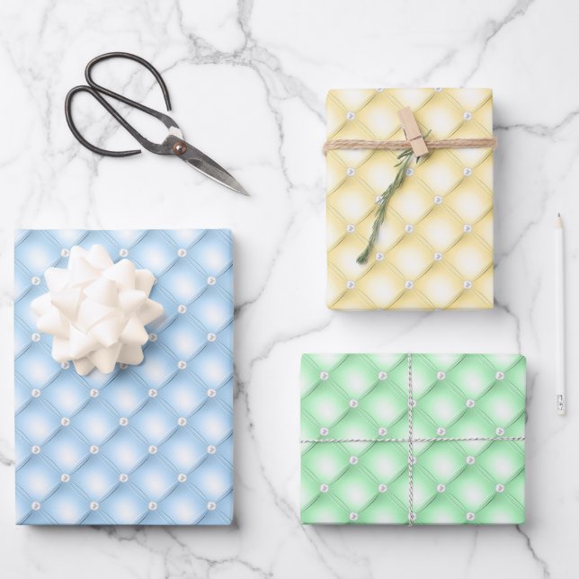 Blue, Yellow and Green Tufted Pearls Wrapping Paper Sheets (Front)