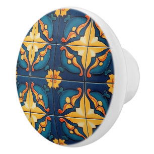 Blue Yellow and Orange Pattern  Ceramic Knob